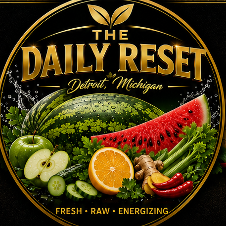 The Daily Reset logo with fresh fruit and vegetables